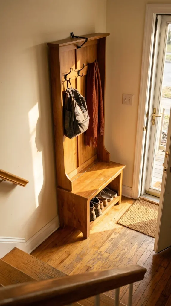 Narrow hall tree with hooks, bench, and shoe shelf anchored to the wall in a small entryway