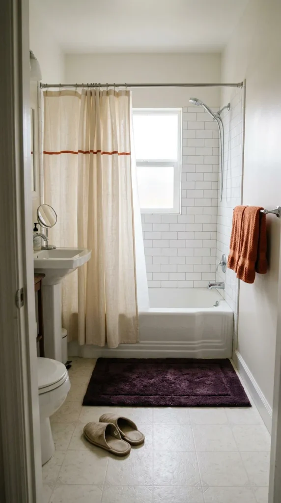 Neutral fall bathroom decor with persimmon towels and a plum bath mat in a white tile bathroom