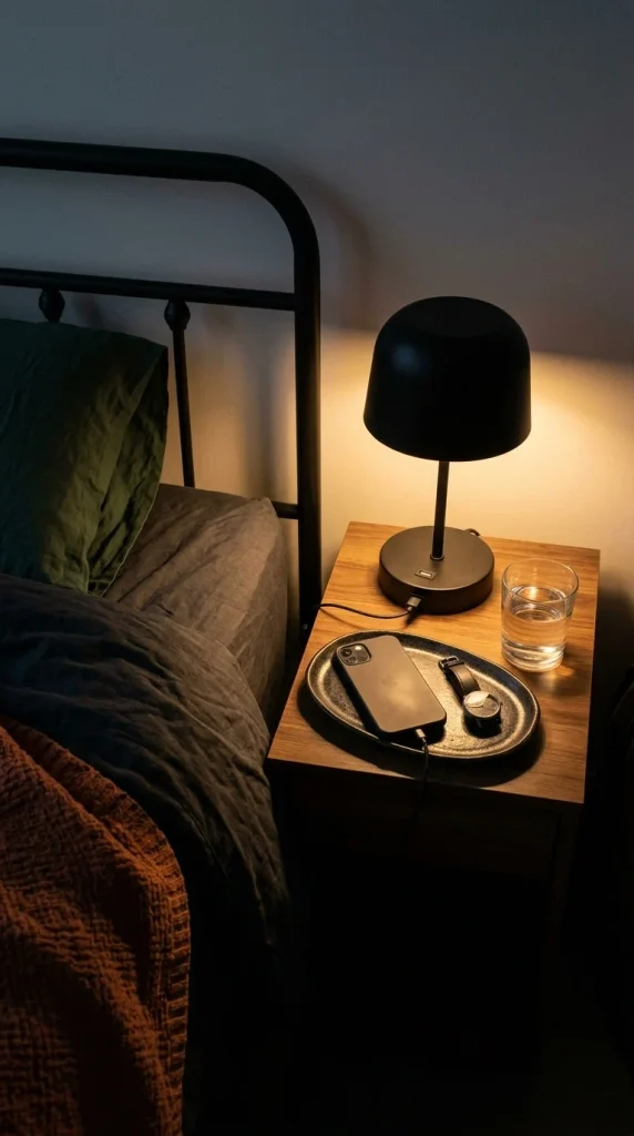 Nightstand charging spot in a teen boy bedroom with a short cable, lamp and phone tray