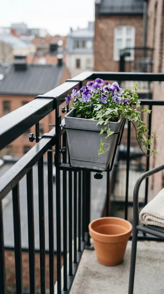 No-drill bracket holding a fall window box planter on the inside of an apartment balcony railing