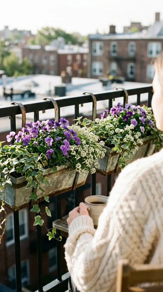 No-drill railing planters with violas and alyssum on an apartment balcony