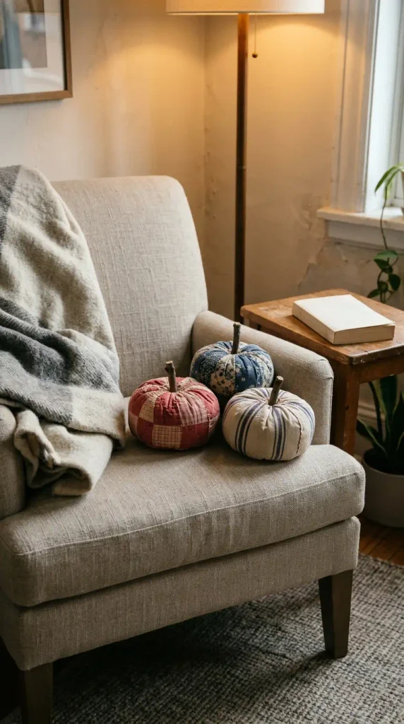 No-sew quilt scrap vintage pumpkins on a linen reading chair in a small apartment