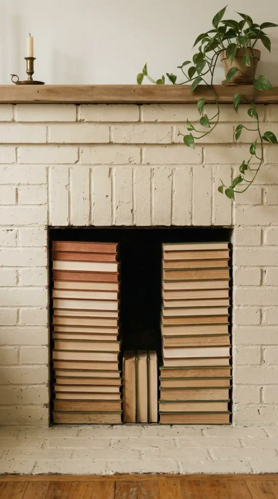 Non working fireplace filled with stacked hardcover books in a small apartment
