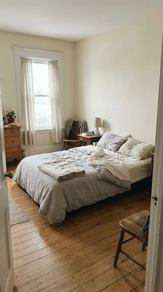 North-facing bedroom in soft morning light, before choosing English cottage bedroom colors