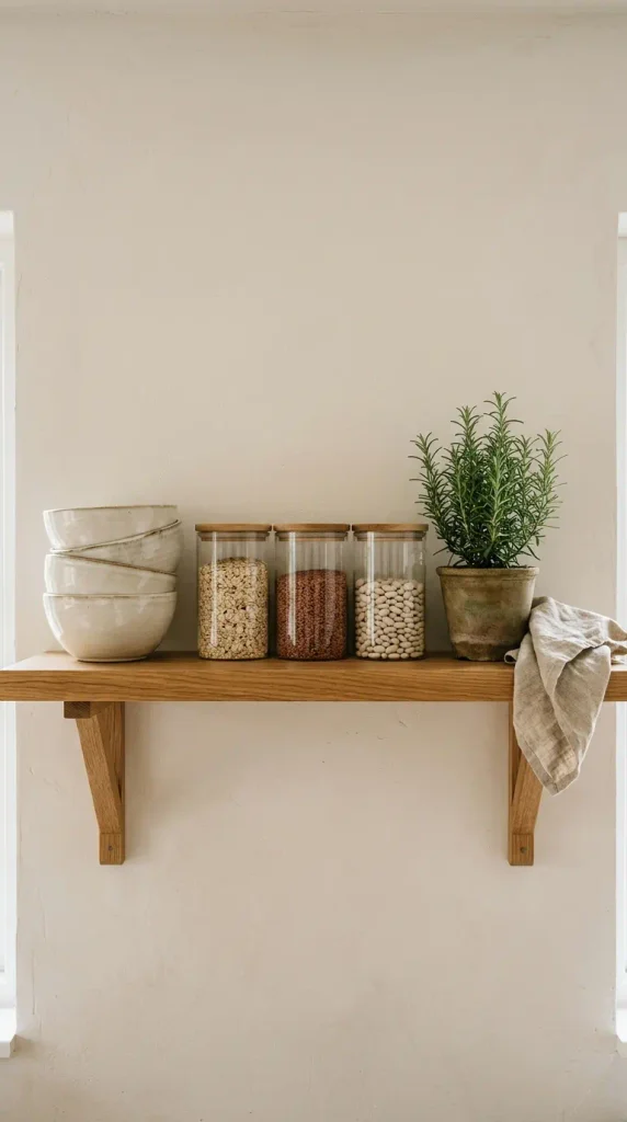 Oak open shelf with cream stoneware and glass jars of oats and lentils in a warm neutral kitchen