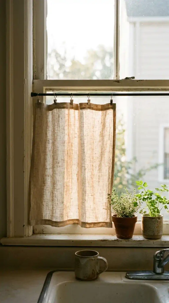 Oatmeal linen cafe curtain glowing in morning light over the sink in a warm neutral kitchen