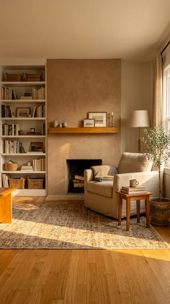 One-sided fireplace bookshelf layout with a bookcase on the left and an armchair with lamp on the right