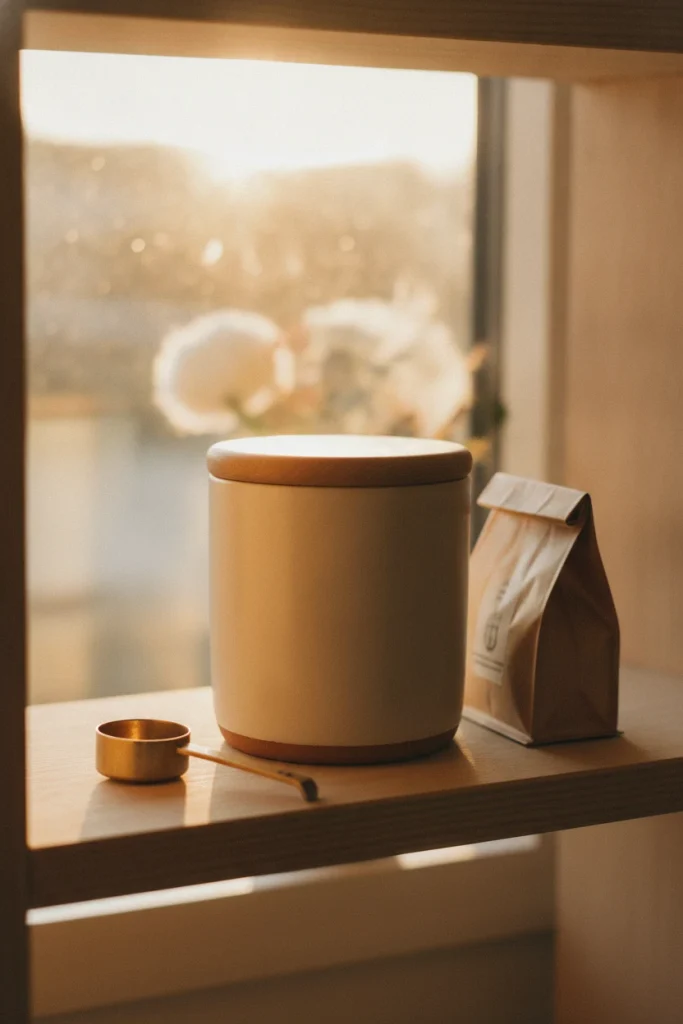 Opaque ceramic coffee canister on a shaded shelf away from a sunny kitchen window