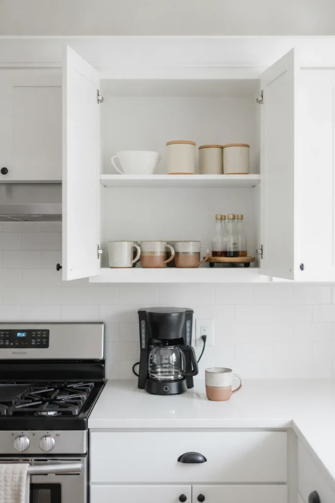 Open upper cabinet coffee station with mugs, canisters, and a drip coffee maker below
