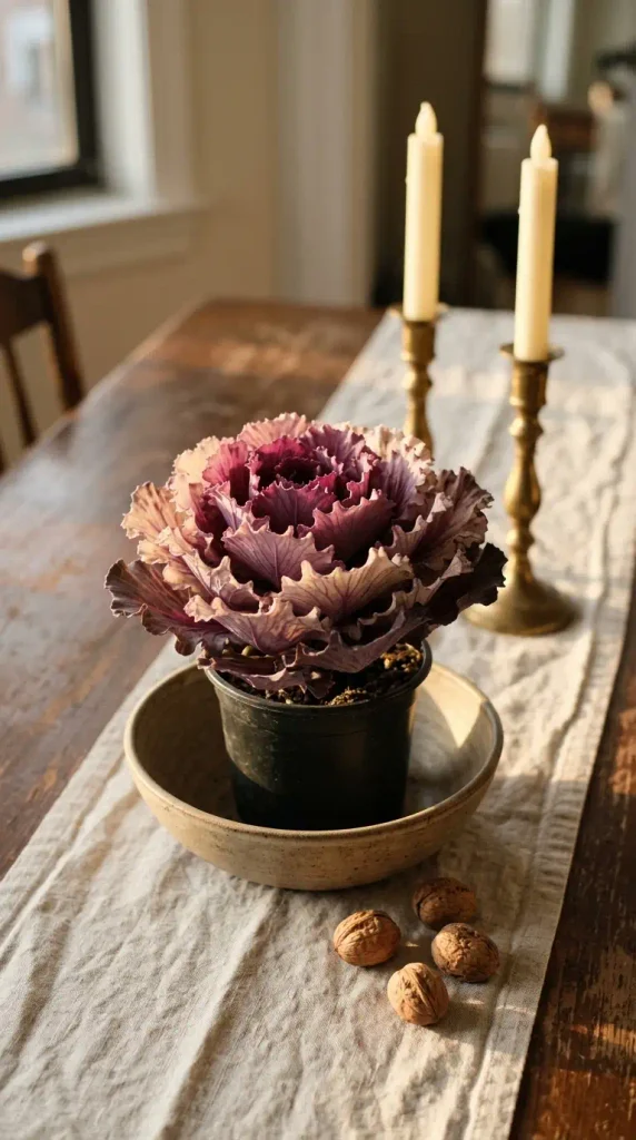 Ornamental cabbage in a stoneware bowl as one of the low Thanksgiving centerpiece ideas for a small table