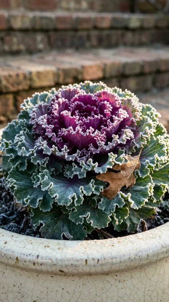 Ornamental kale with a pink center and frosted leaf edges in a fall garden pot