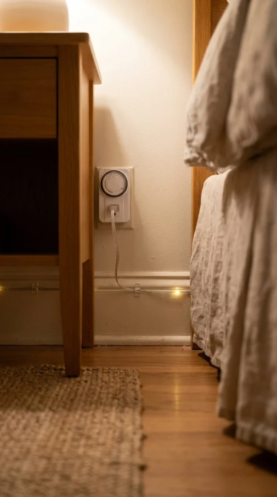 Outlet timer behind a nightstand with a warm string light cord clipped along the baseboard in a Christmas bedroom