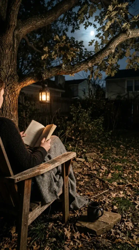 Over-the-shoulder view of a lantern-lit reading chair under an oak, a moonlit nook in a witchy backyard