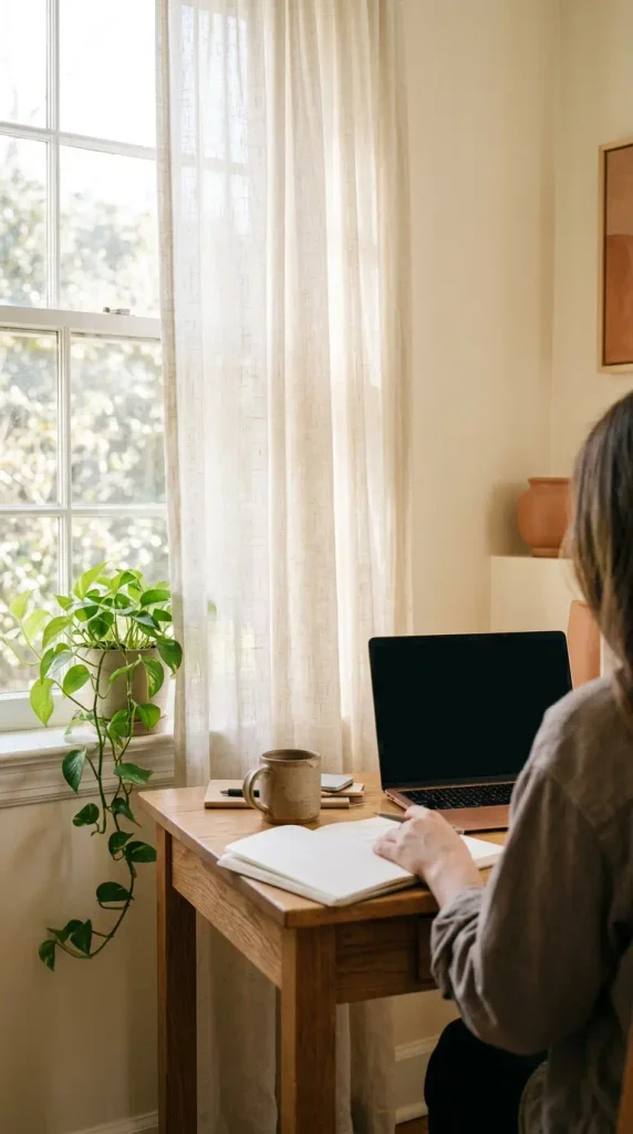 Over-the-shoulder view of a small office desk turned sideways to a window to cut screen glare