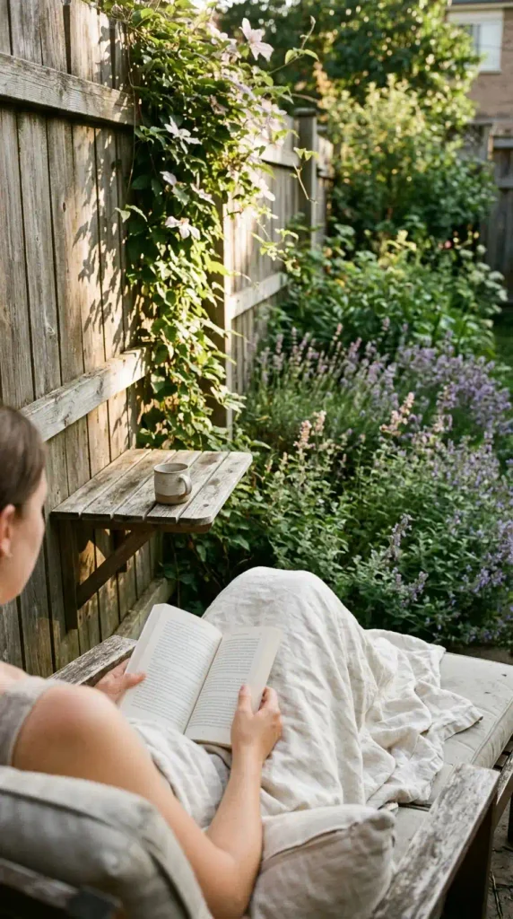 Over-the-shoulder view of someone reading in a folding chair in a small backyard cottage garden