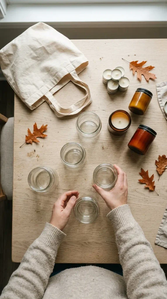 Overhead flat lay of a dollar store fall candle kit with tea lights, two jar candles, and empty pantry jars