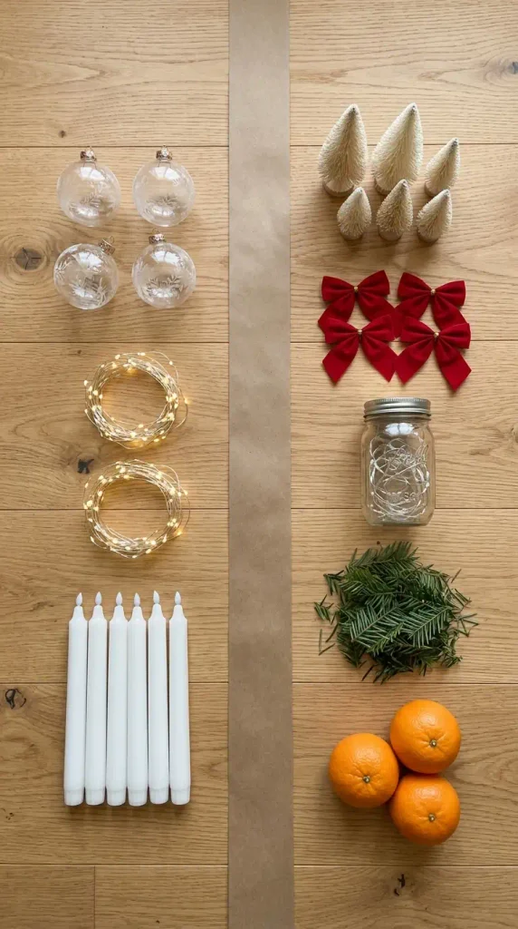 Overhead flat lay of a holiday decor on a budget haul split into spend and save groups