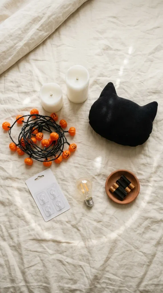 Overhead flat lay of a no-drill Halloween bedroom decor kit with pumpkin lights, LED pillars and a black cat pillow