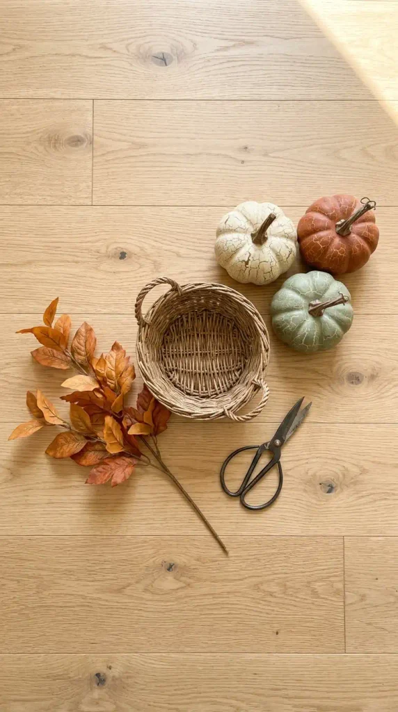 Overhead flat lay of a small woven fall basket, three foam pumpkins, and a faux leaf stem