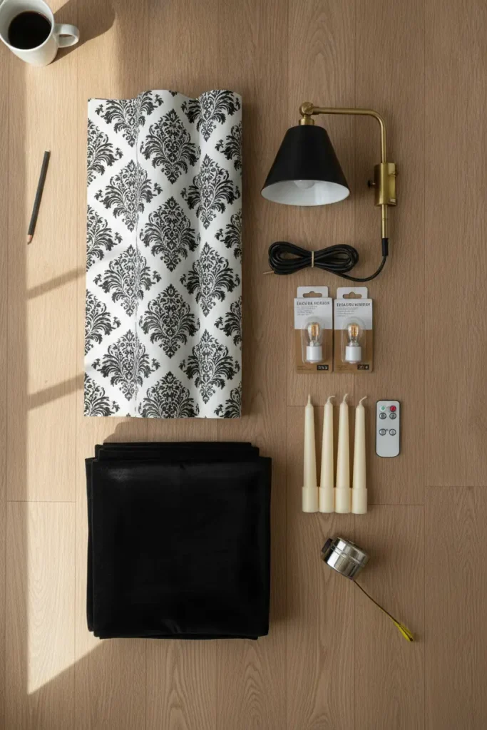 Overhead flat-lay of gothic library budget build items: damask wallpaper, brass sconce, velvet curtains and LED tapers
