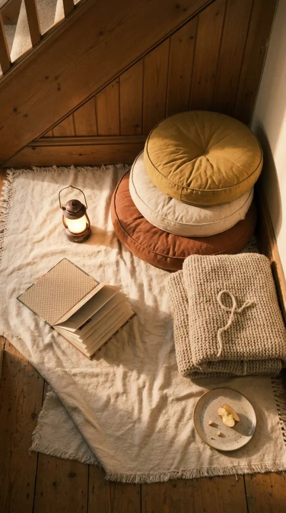 Overhead view of floor cushions and a knit throw in an under the stairs reading pile
