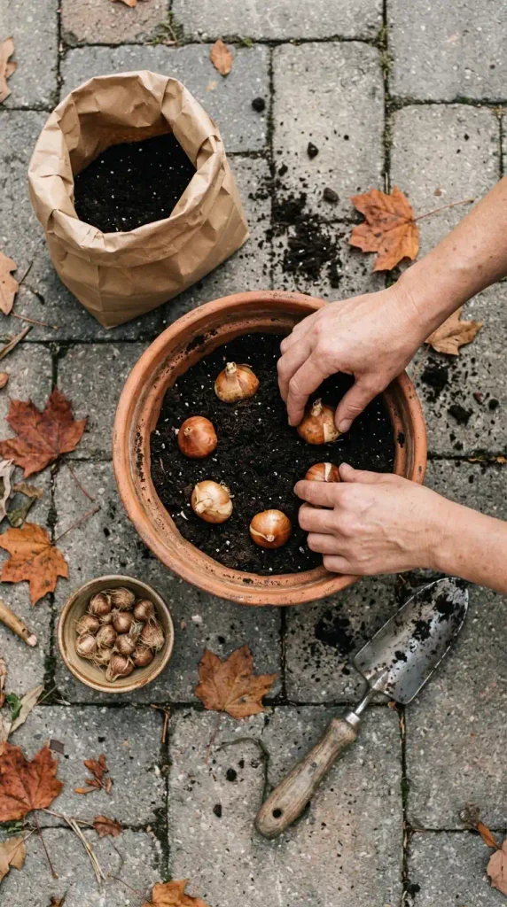 Overhead view of hands layering tulip and daffodil bulbs in a deep terracotta pot in fall