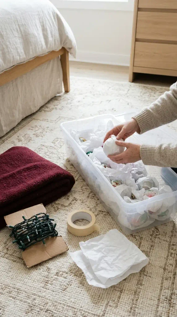 Packing Christmas bedroom decor into one clear under bed bin with tissue wrapped ornaments