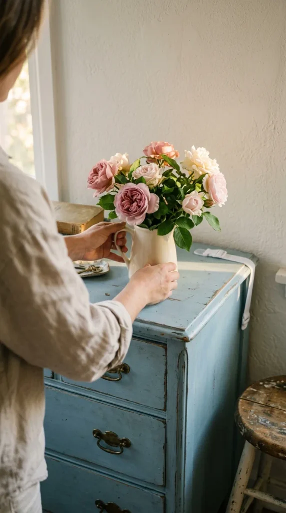 Painted vintage dresser anchored to the wall in an English cottage bedroom