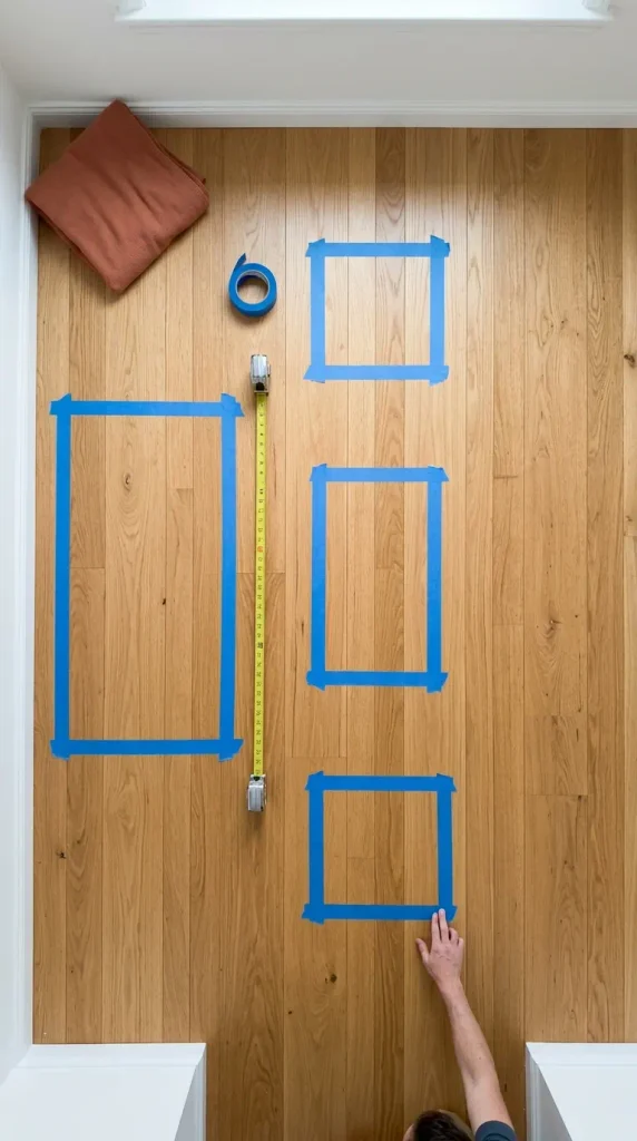 Painter's tape marking sofa and table spots on a wood floor to plan a small cabin living room layout
