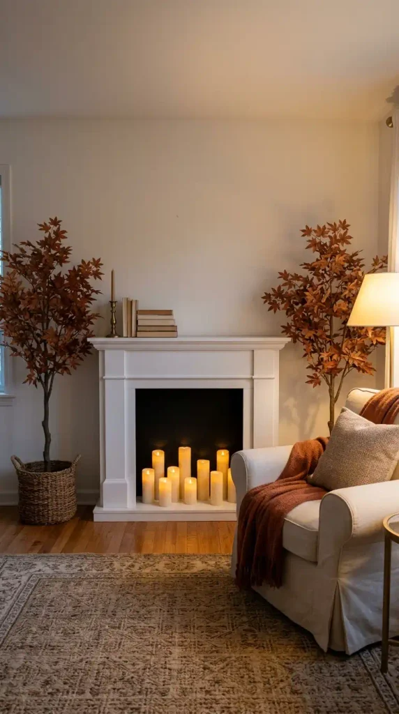 Pair of faux fall trees flanking a faux fireplace with LED candles in a small living room