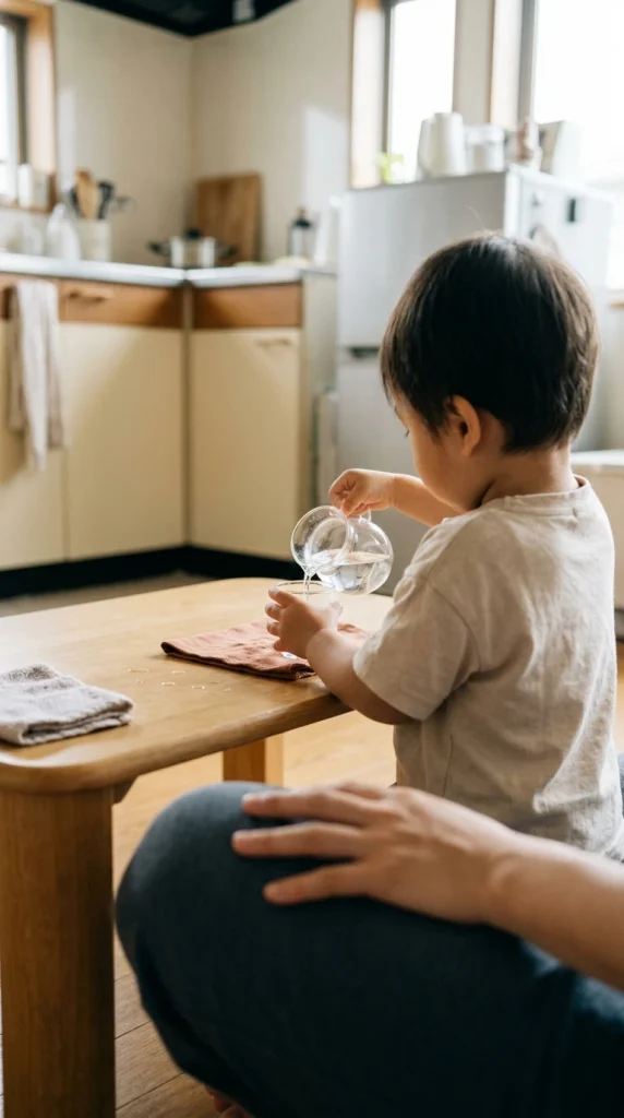 Parent watching a toddler pour water at a low table before planning a Montessori playroom