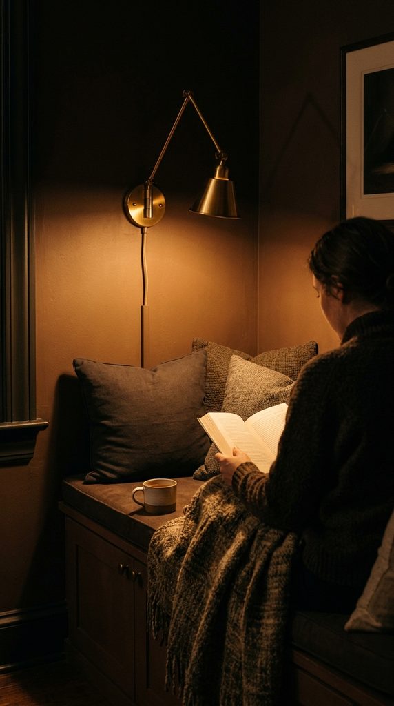 Plug-in swing-arm sconce lighting an IKEA Besta reading seat at night