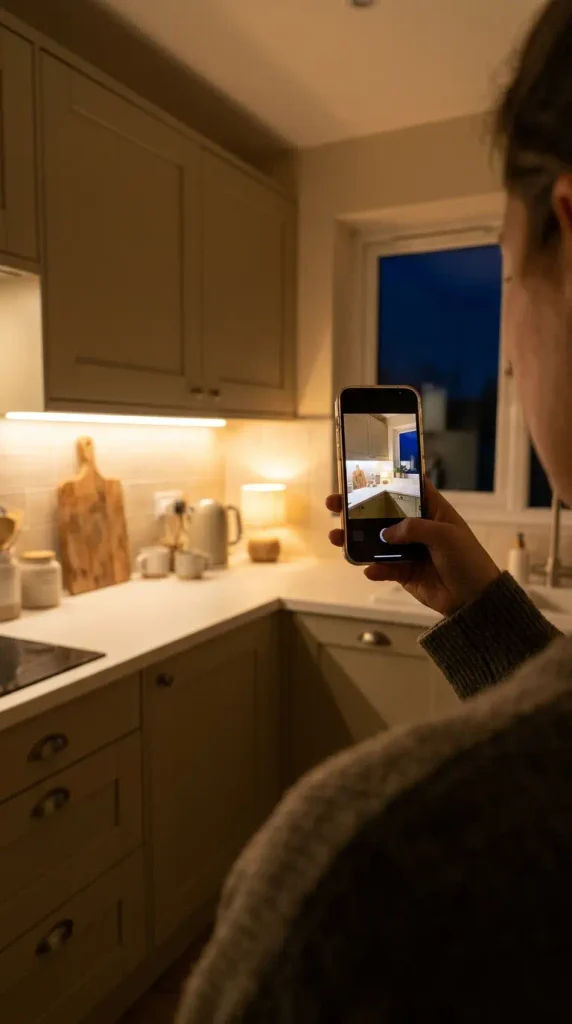 Phone photographing a warm neutral kitchen at night lit only by under-cabinet lights and a lamp