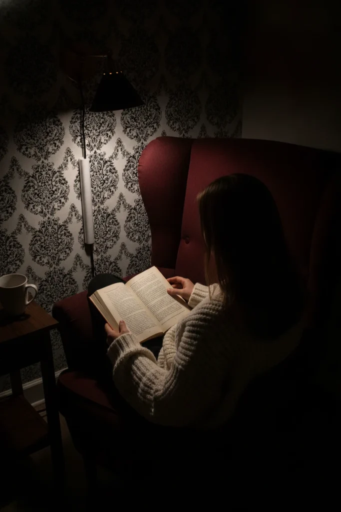 Plug-in brass wall sconce lighting an open book in a gothic library reading chair at night