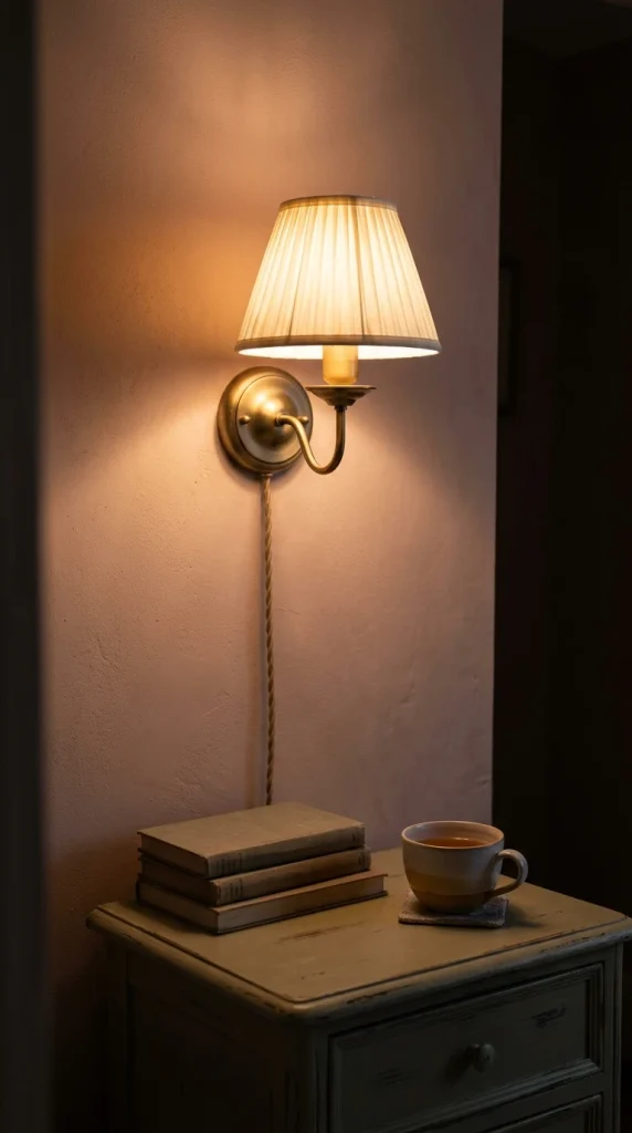 Plug-in sconce with a pleated shade glowing warm over a nightstand in a cottage bedroom