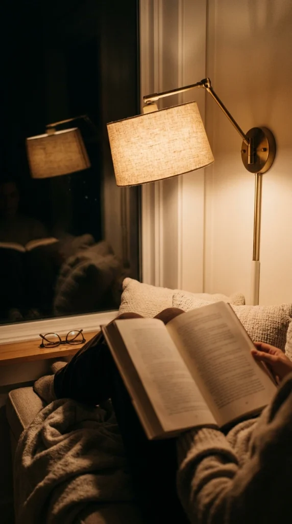 Plug-in swing-arm wall lamp lighting an open book on a window seat at night