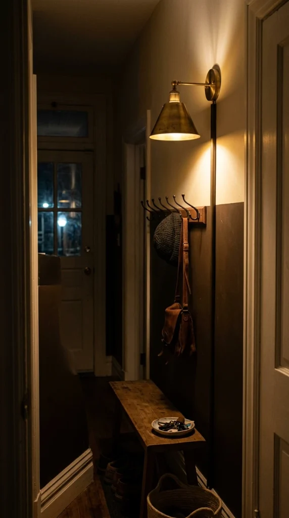 Plug-in wall sconce lighting coat hooks and a key tray in a small entryway at night