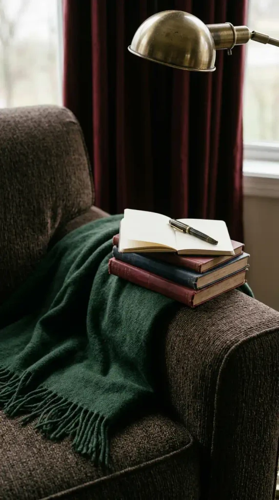 Poetcore reading nook detail with a green wool throw, clothbound books, and a brass clamp lamp