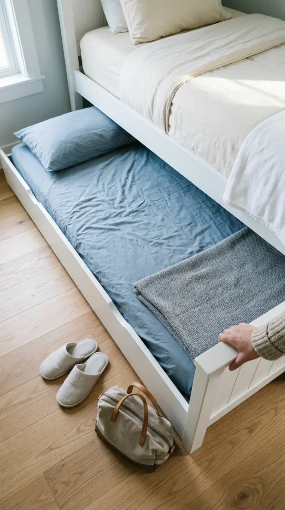 Pop-up trundle pulled out of a twin bed to add a guest bed in a small room