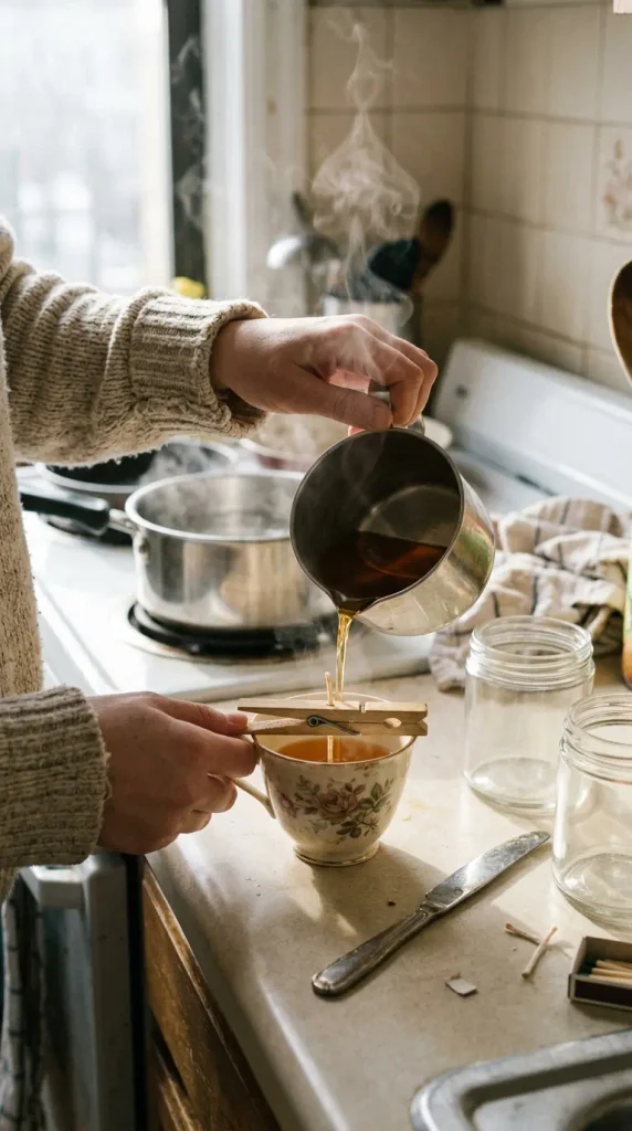 Pouring leftover candle wax into a thrifted teacup to make a DIY fall candle