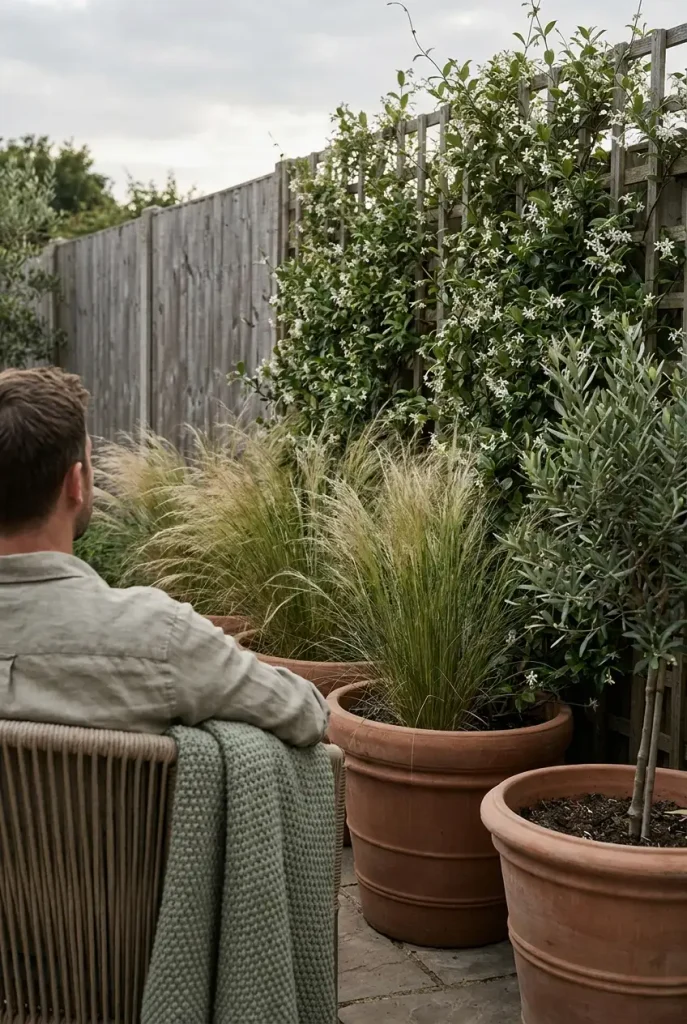 Private backyard corner screened by tall potted grasses and a jasmine trellis instead of a fence