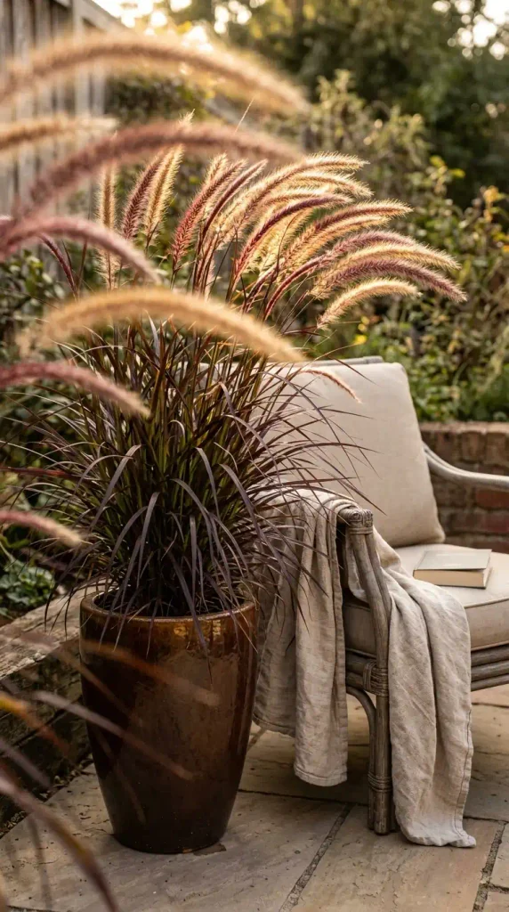 Purple fountain grass fall planter glowing in golden hour beside a patio reading chair