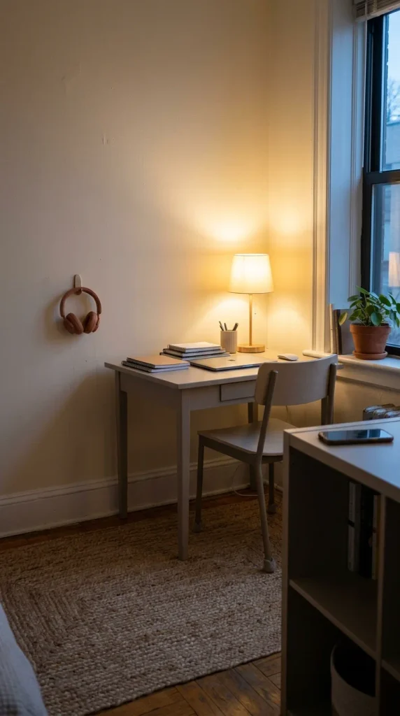 Quiet kids study area facing a wall with a washable rug and headphones on a hook