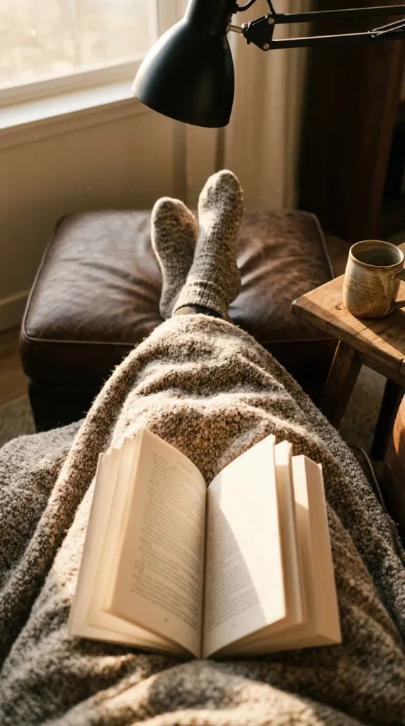Reader's view of an open book, wool throw, and mug in a cabin living room reading corner