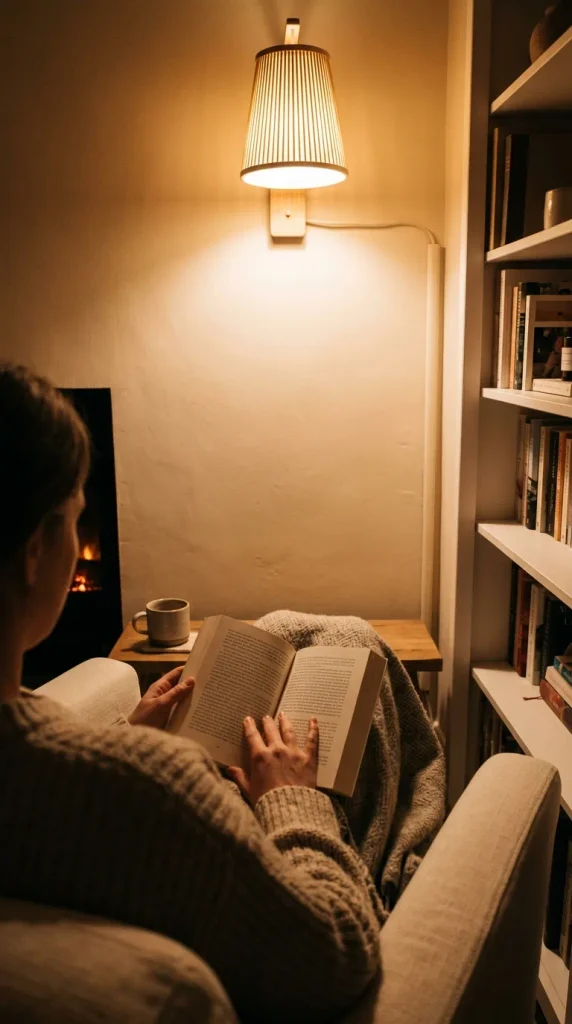 Reading chair beside fireplace bookshelves under a warm plug-in wall lamp at night