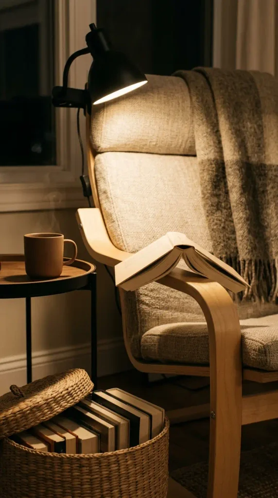 Reading corner in a modern farmhouse living room with a bentwood armchair, clamp lamp, and tray table