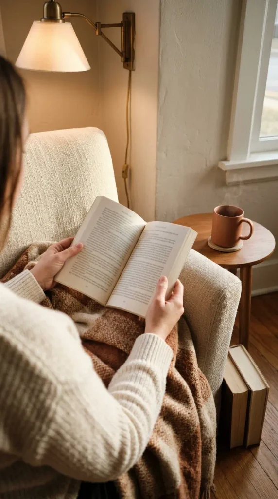 Reading corner in a small living room with an armchair, side table and swing-arm lamp