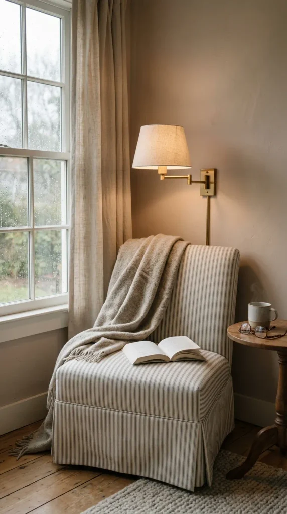 Reading corner with a slipper chair and swing-arm lamp in an English cottage bedroom