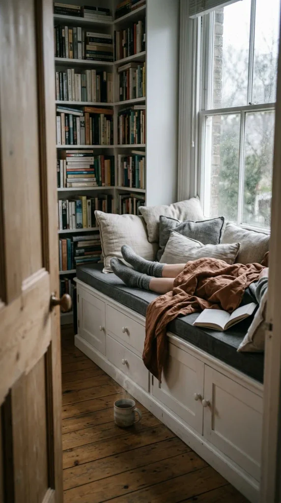 Reading lounger made from two IKEA Besta frames with a bench cushion and stacked pillows
