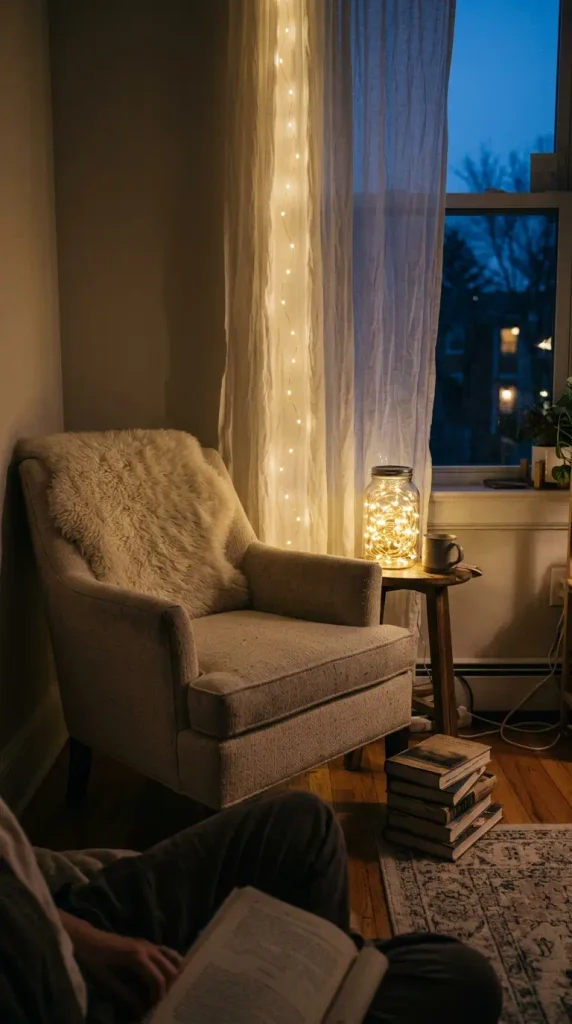 Reading nook corner glowing with one strand of Christmas lights behind a sheer curtain